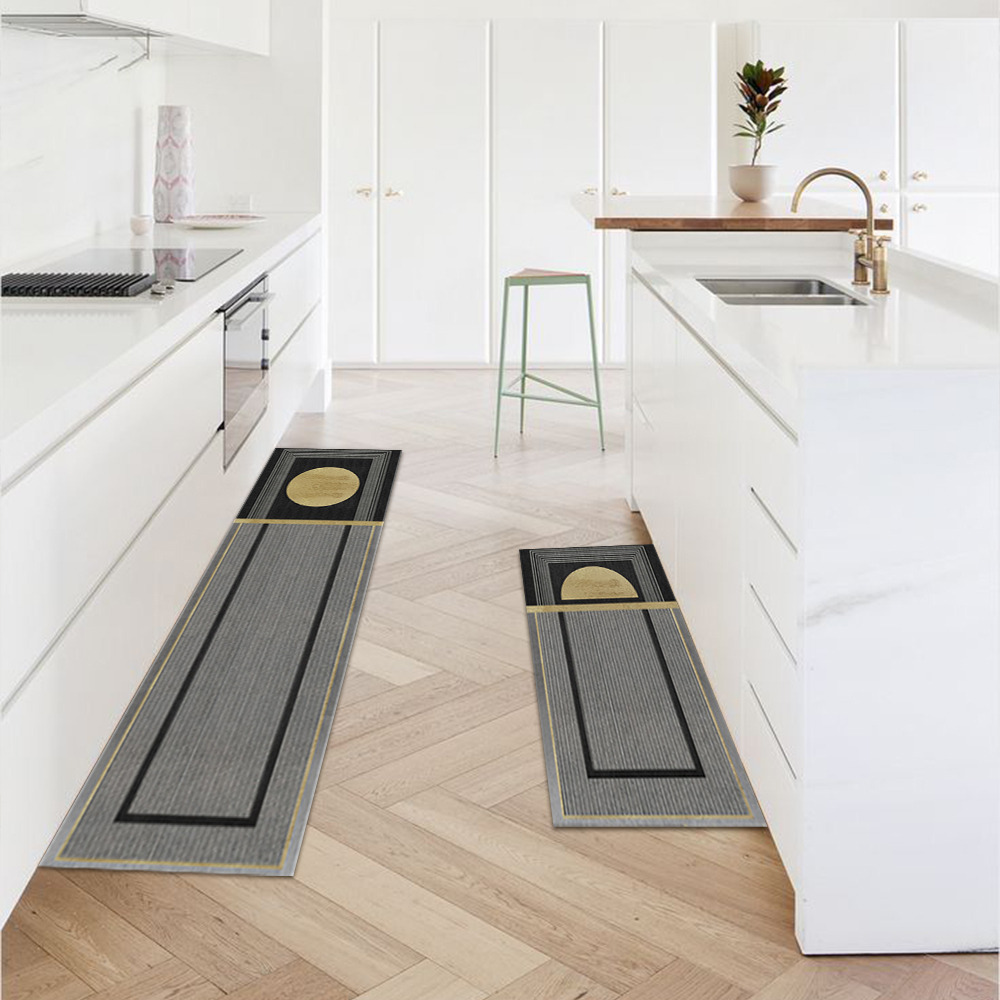 2 Pieces Modern Dark Grey Kitchen Runner Mats Non-slip Geometric Kitchen Rug Set