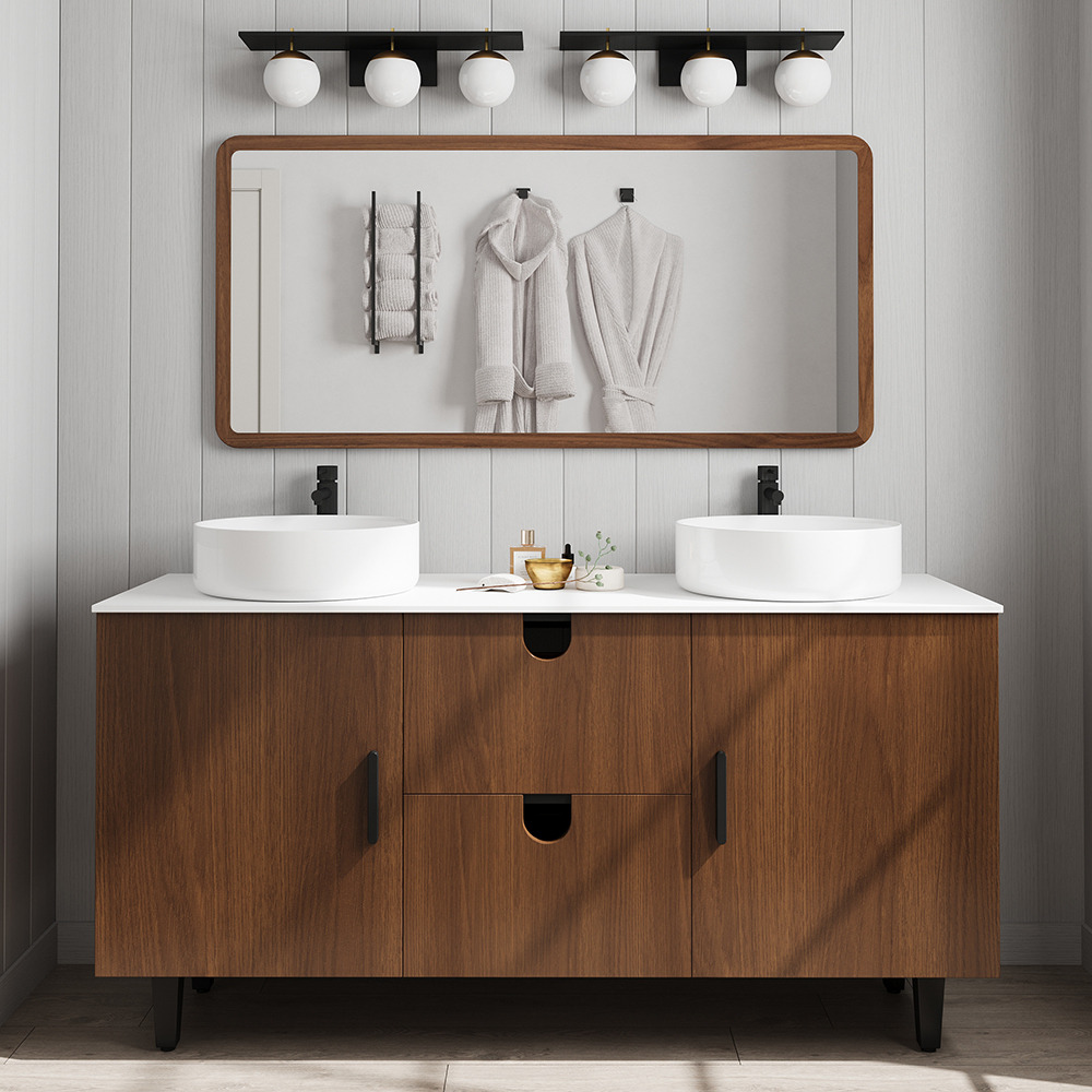 1500mm Teak Wood Freestanding Double Bathroom Vanity with Top Vessel Sink