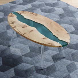 Modern Natural Oval Coffee Table with Solid Wood & Resin Tabletop & Acrylic Legs