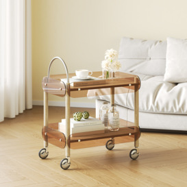 Wooden Natural Rolling 2-Tier Bar Cart on Wheel with Stainless Steel Handle Glass