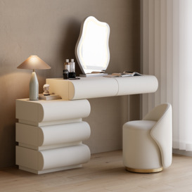 Modern White Makeup Vanity Set PU Leather Dressing Table with Stool & LED Mirror