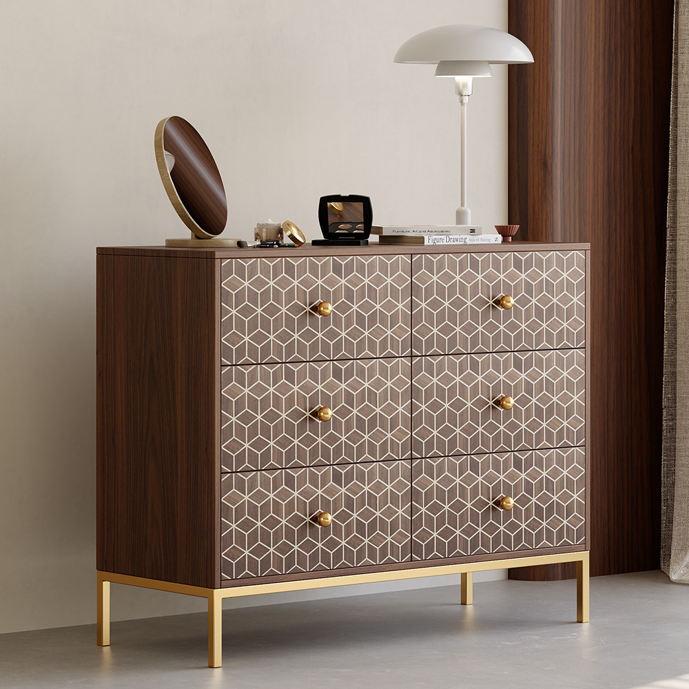 1000mm Art Deco 6 Drawer Small Dresser Walnut Chest Storage Cabinet