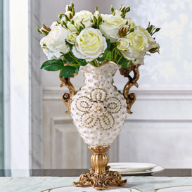 Shinely 380mm European Retro White & Gold Resin Large Flower Vase Decor Art Living Room