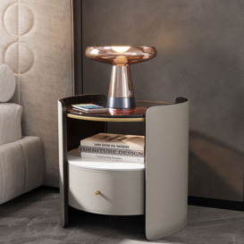 Modern Round Grey Leather Nightstand with Glass Top & Sintered Stone Bedside with Shelf