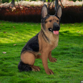 Outdoor German Shepherd Statue Garden Sculpture Resin Dog Floor Decor in Black & Brown