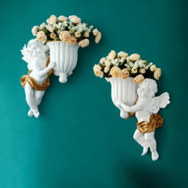 2 Pieces Outdoor Resin Angel Wall Decor Set with Vase Garden Hanging Cupid Sculpture Art