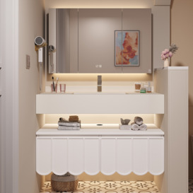 1000mm Floating Bathroom Vanity Set With Single Sink Wall-Mounted Wavy Door in White