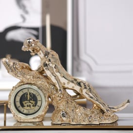 Gold Electroplating Cheetah Mute Imitation Diamond Resin Table Clock Home Decoration