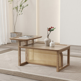 Modern 2 Piece Nesting Rattan Wood Coffee Table Set in Natural