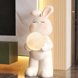620mm White Resin Rabbit Floor Moon Lamp Sculpture Ornament Decor Living Room Bedroom