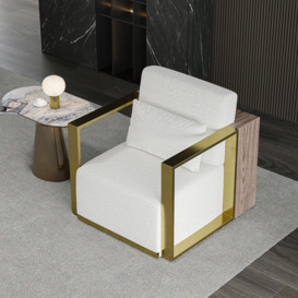 White Accent Chair Cotton & Linen Upholstery with Gold Plating Legs for Living Room