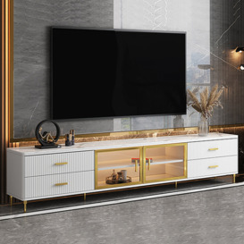 Cofab 2000mm TV Stand  with Drawers & Shelves White Media Console with Glass Doors