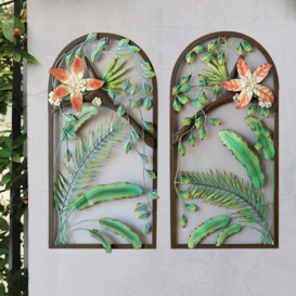 2 Pieces Arched Indoor Outdoor Metal Wall Decor Set Garden Hollow-out Flower Plant Art