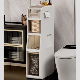 Freestanding Slim Storage Cabinet Bathroom Narrow with Toilet Paper Holder & Trash Can