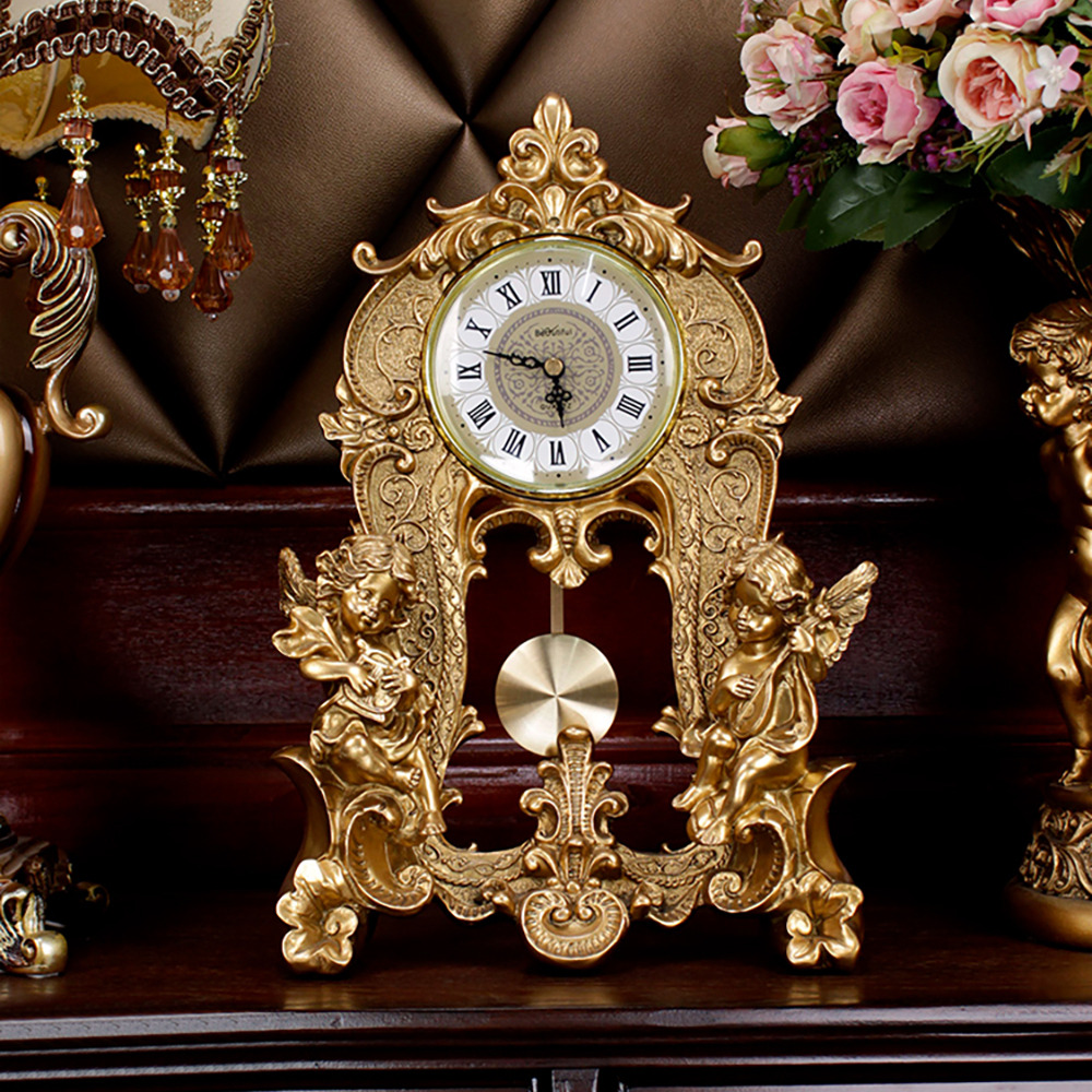 Traditional Vintage Gold Resin Angel Table Clock With Exquisitely Carved Pendulum Clock