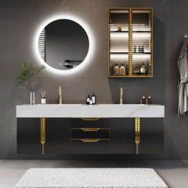 Aro 1500mm Black Double Basin Wall Mounted Bathroom Vanity with Drawers Faux Marble Top