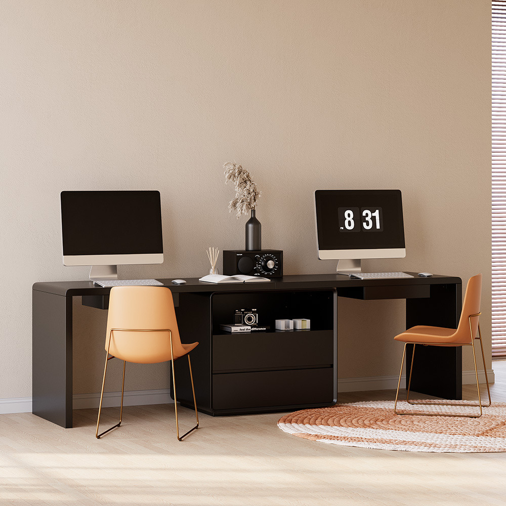 2400mm Two Person Double Computer Desk Modern Black Retangular Office Desk with 4 Drawers & 1 Cabinet