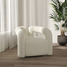 Japandi White Boucle Accent Chair with Swivel Base Shaggy Armchair for Living Room
