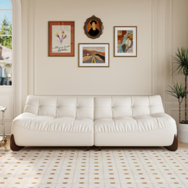 2590mm Modern White Leather Upholstered 3-Seater Sofa with Walnut Legs