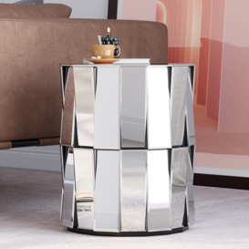 Glam Mirrored Drum Side Table Round End Table in Silver