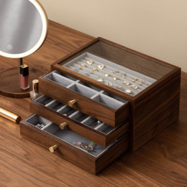 Wooden Jewelry Box with Glass Cover Earring Bracelet Necklace Organizer Case in Walnut