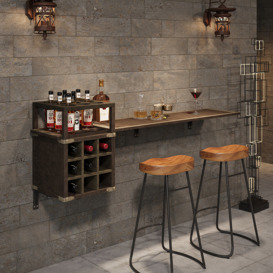 1805mm Wall Mounted Bar Table with Wine Bottle Storage Brown Faux Leather Wood Pub Table
