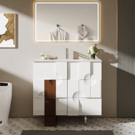 900mm Freestanding Bathroom Vanity with Ceramics Undermount Basin in White & Walnut
