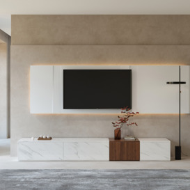 Vewal Modern Wood Block TV Stand Marble & Walnut Veneer in White with 4 Drawers