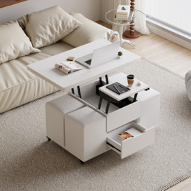 Modern White Lift Top Coffee Table 4 in 1 with Storage Ottoman Foldable and Casters Transforming Into Dining Table