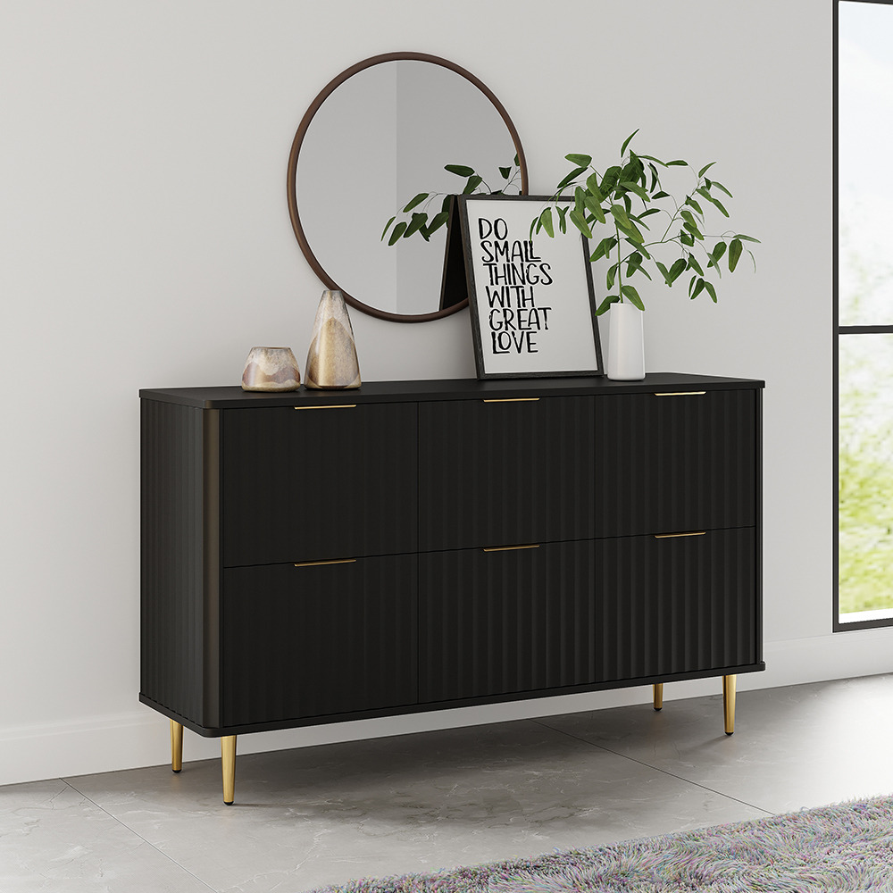Modern 6-Drawer Black Fluted Dresser Chest wtih Storage for Bedroom