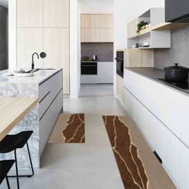 2 Pieces Modern Gold & Brown  Kitchen Runner Mats Non-slip Absorbent Kitchen Rug Set