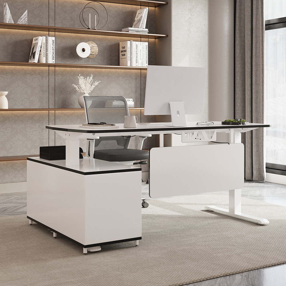 Modern White L-Desk Height Adjustable Electric Standing Desk with 3 Doors and Drawer