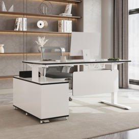 Modern White L-Desk Height Adjustable Electric Standing Desk with 3 Doors and Drawer