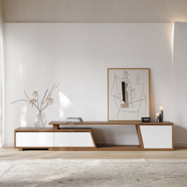 Fero Minimalist Rectangle White & Walnut Extendable TV Stand with 3 Drawers Up to 2160mm