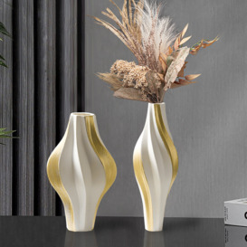 2 Pieces Modern Resin Curved Lines Flower Vase Set Sculpture Decor Art in White & Gold