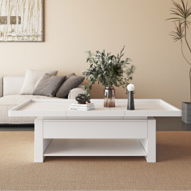 1580mm Modern White Extendable Gaming Coffee Table Fluted with Open Storage