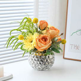 Orange Artificial Flower Arrangement in Silver Vase Table Centerpiece Fake Flower