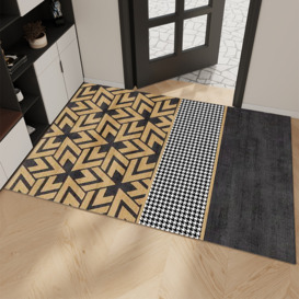 2 Pieces Modern Geometric Houndstooth Gold Washable Door Mat Non-slip Entryway Rug Set