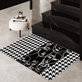 2 Pieces Modern Abstract Houndstooth Black Washable Door Mat Non-slip Entryway Rug Set