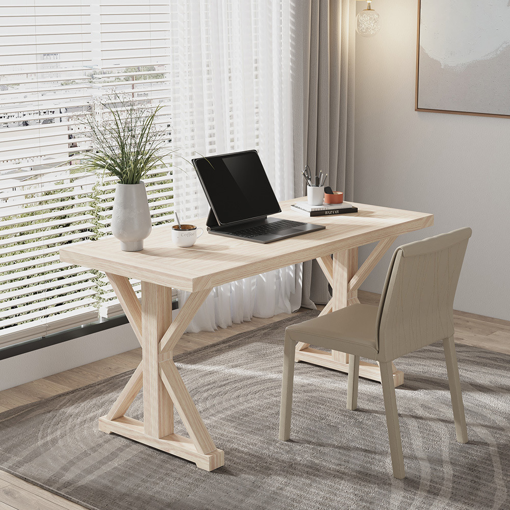 1800mm Rustic Farmhouse Wash White Computer Desk with Trestle Base Wooden Office Desk