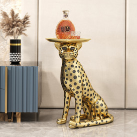 Luxury Gold Leopard Accent Side Table with Tray Top Resin Panther End Table Drink Table