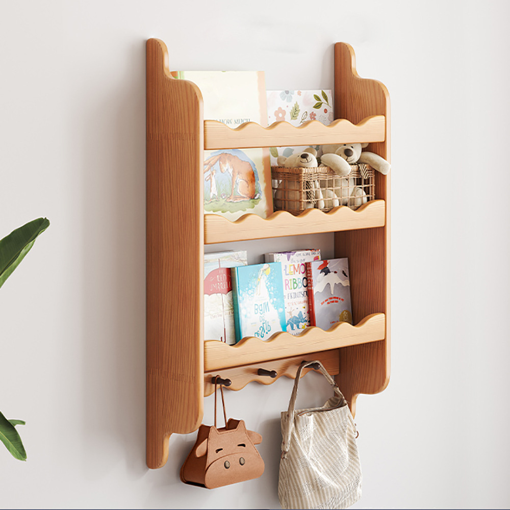 3-Tier Wooden Wall Mounted Magazine Rack Shallow Bookshelf Display Shelf with Hooks