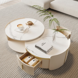 Round Modern Sintered Stone Top Nesting Coffee Table Fluted with Drawer in Off White & Gold