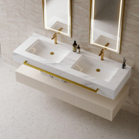1400mm White Wall Mounted Double Basin Bathroom Vanity with 3 Drawers Faux Marble Top