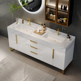 Aro 1500mm White Double Basin Freestanding Bathroom Vanity Drawers Faux Marble Top