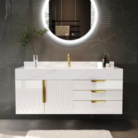 Aro 900mm White Wall Mounted Bathroom Vanity Drawers Faux Marble Top