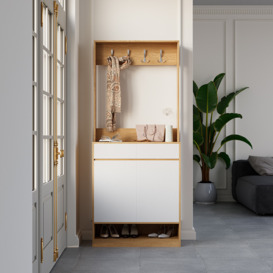 Natural & White Shoe Cabinet with 5 Shelves 2 Drawers 2 Doors Entryway Shoe Storage with Rich Storage