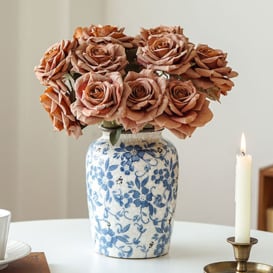 Vintage Pink Rose Artificial Flowers in Vase Set Blue and White Porcelain Vase