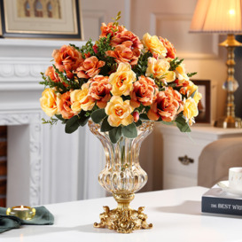Retro European Style Golden Crystal Glass Carved Vase Artificial Flowers in Vase Set