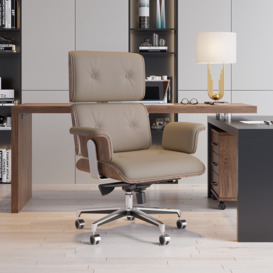 Modern Khaki Home Office Chair Upholstered Swivel Wooden Desk Chair Task Adjustable Height